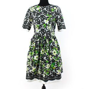 Oscar de la Renta Cotton Poplin Black White Green Floral A-Line Dress 4